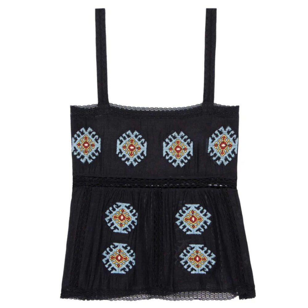 The GREAT Roam Tank Top Blouse Womens 0 Black Blue Folklore Embroidered Cotton - Picture 10 of 11